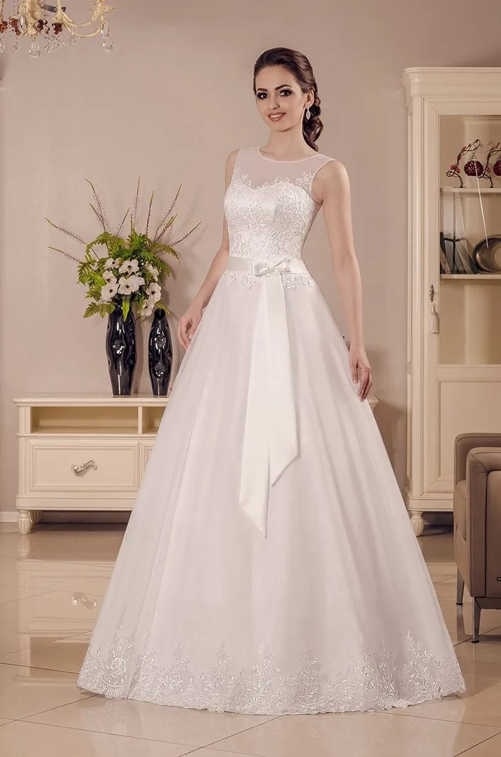 ---Genoa wedding dress, classic A line style wedding dress made in satin and tulle with lace appliqués--