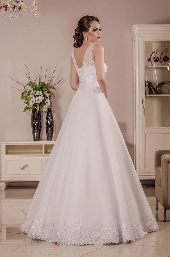 ---Genoa wedding dress, classic A line style wedding dress made in satin and tulle with lace appliqués--