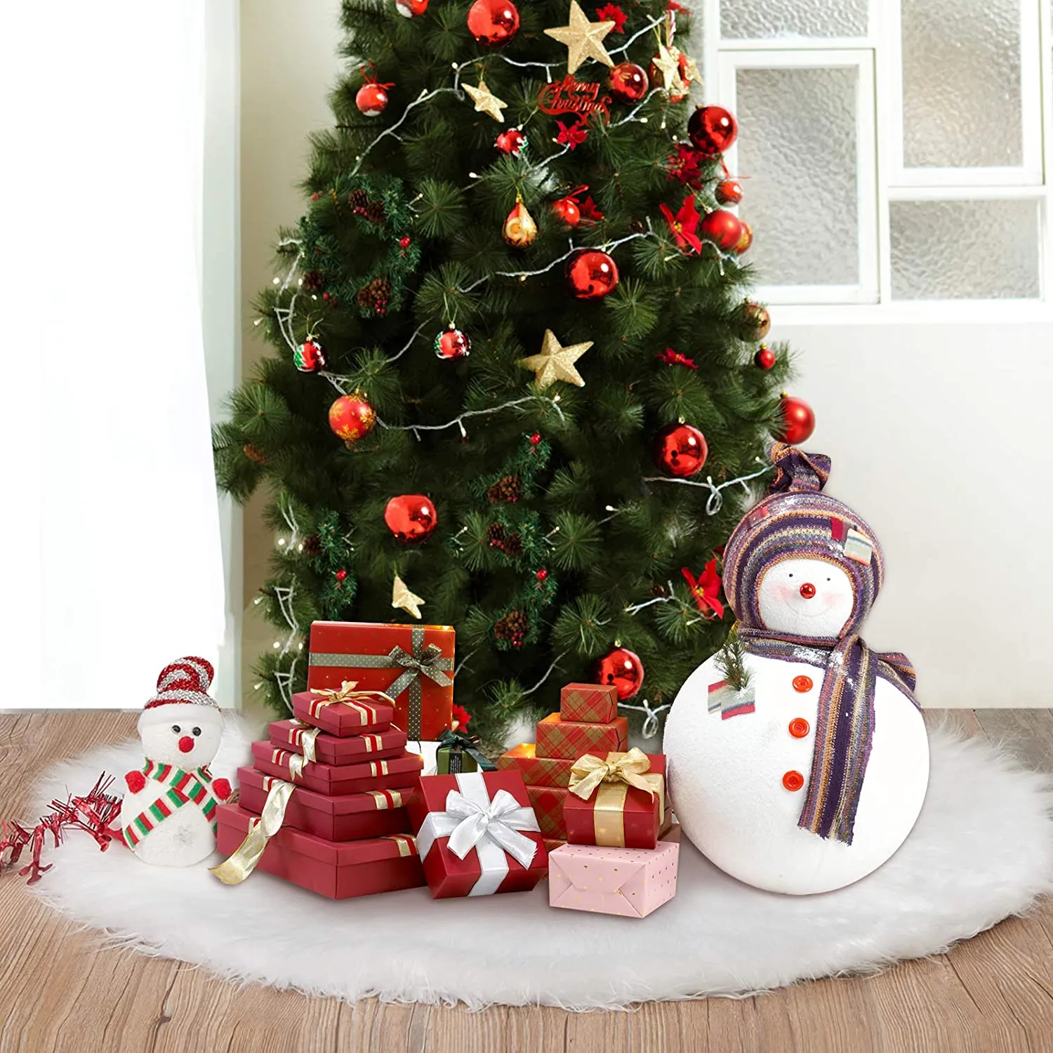 150cm Gonne per Alberi di Natale Ornamenti per Alberi in Pelliccia Sintetica Gonna per Alberi Bianca Come la Neve per la Decoraz