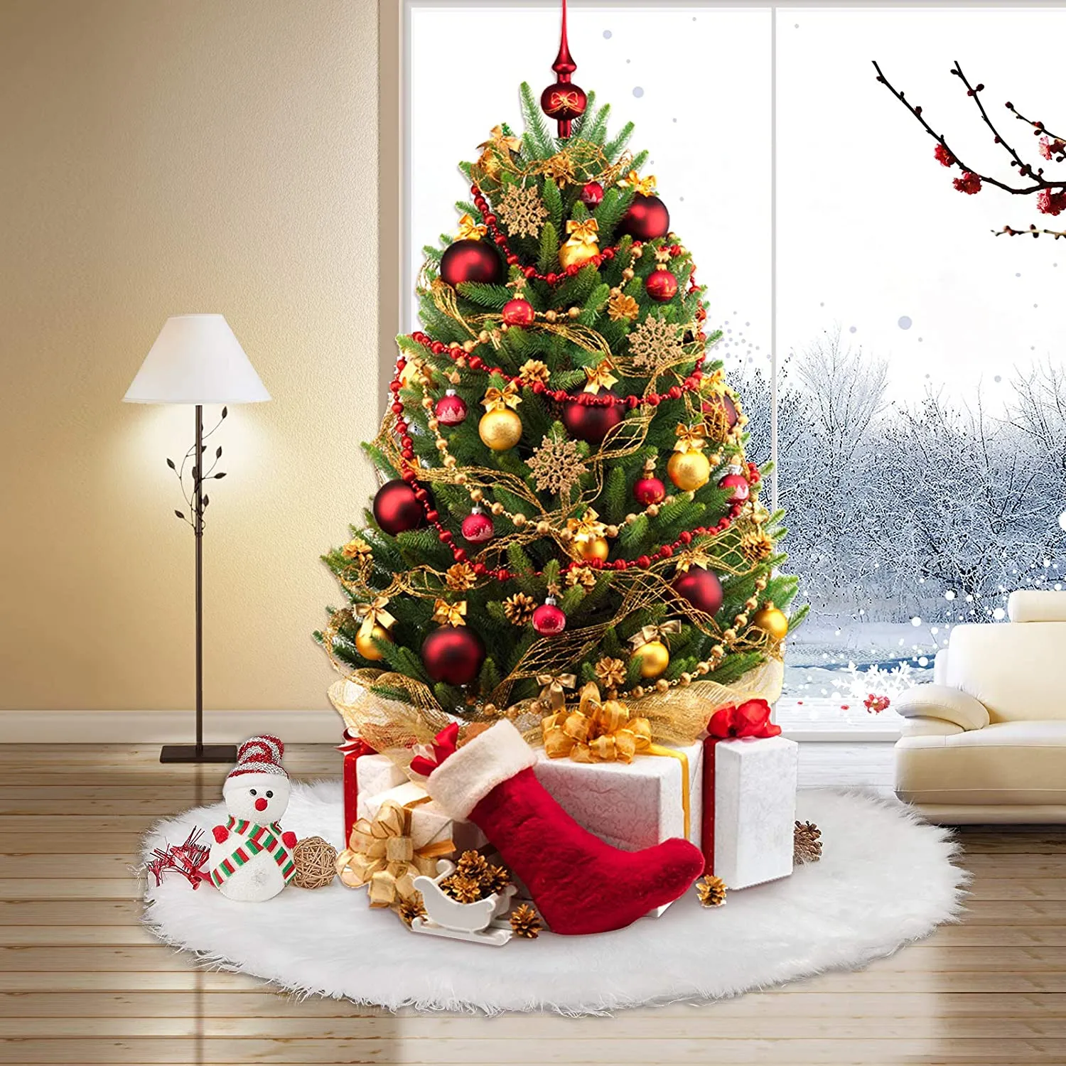 150cm Gonne per Alberi di Natale Ornamenti per Alberi in Pelliccia Sintetica Gonna per Alberi Bianca Come la Neve per la Decoraz