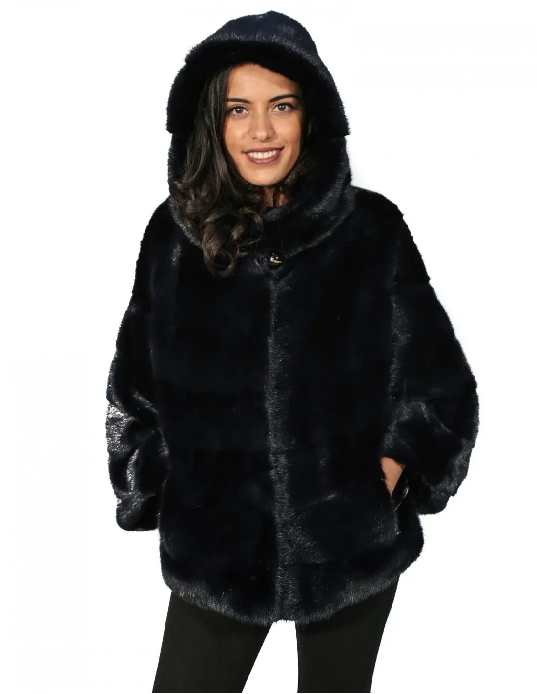 44 GIACCONE DONNA VISONE BLU INFINITY ORIZZONTALE E CAPPUCCIO MANTELLA E COULISSE 