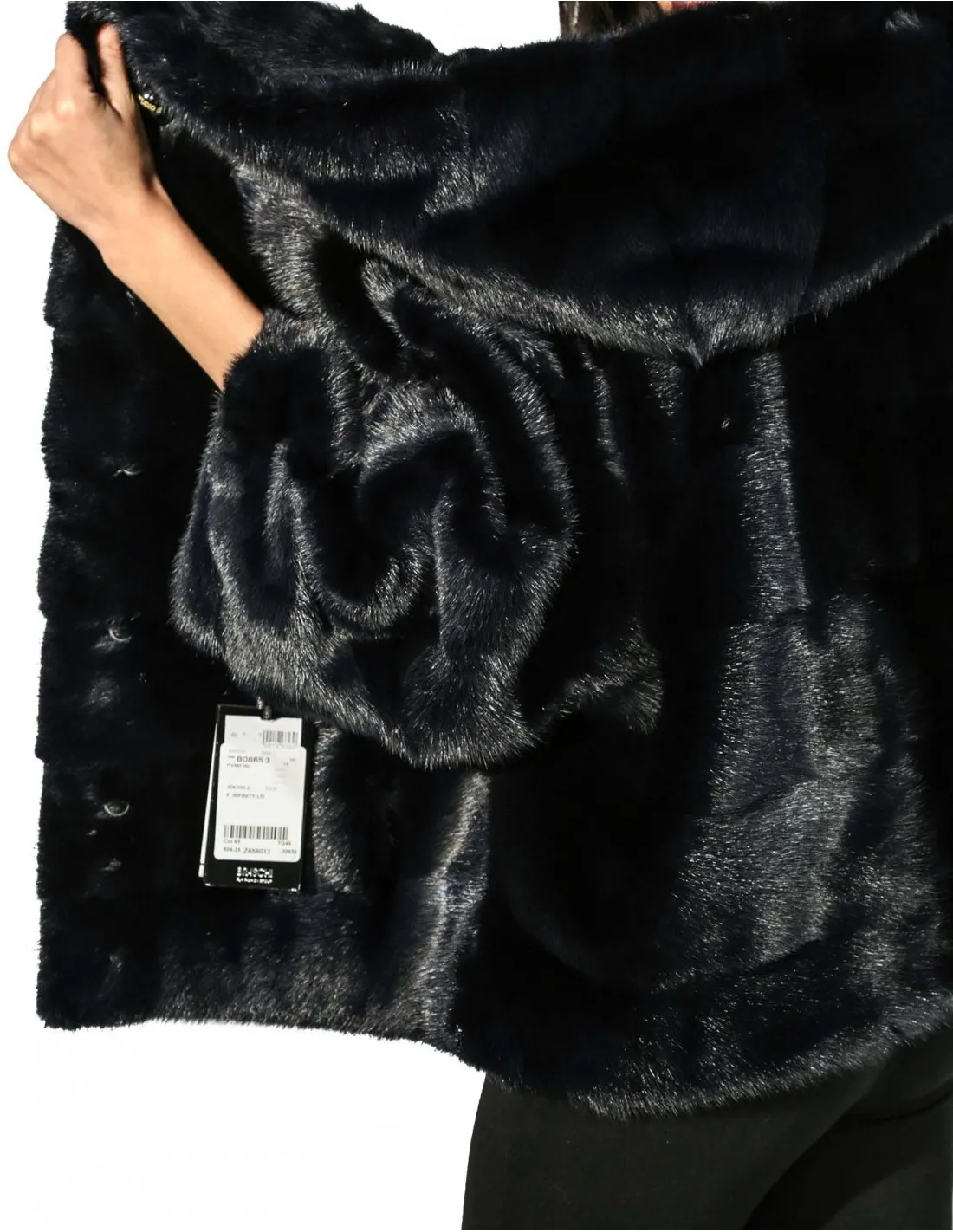 44 GIACCONE DONNA VISONE BLU INFINITY ORIZZONTALE E CAPPUCCIO MANTELLA E COULISSE 