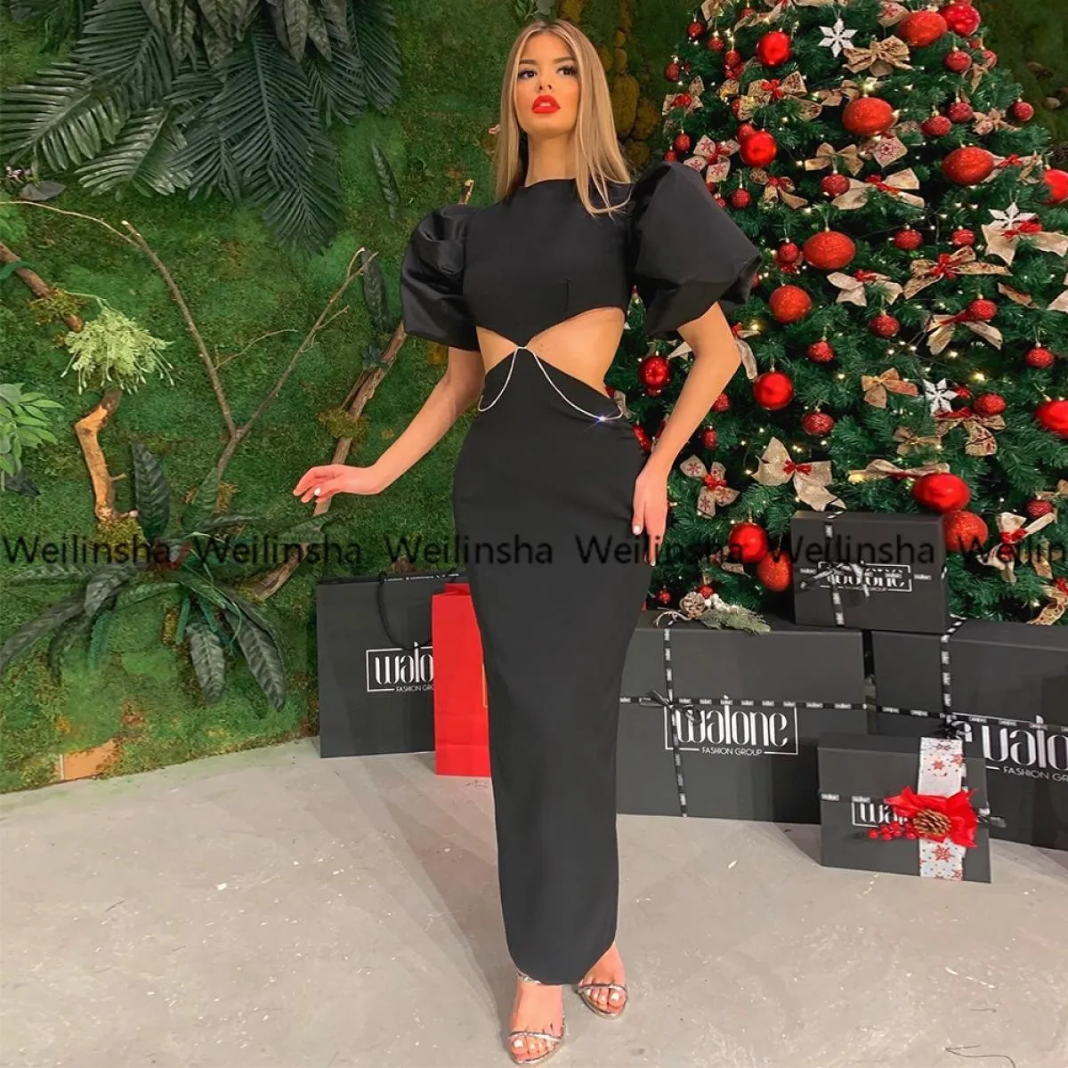Abiti da sera di Natale Moda Nero alla caviglia Jersey Fashon Abiti da ballo Manica corta Abito da donna Guaina Robes De S