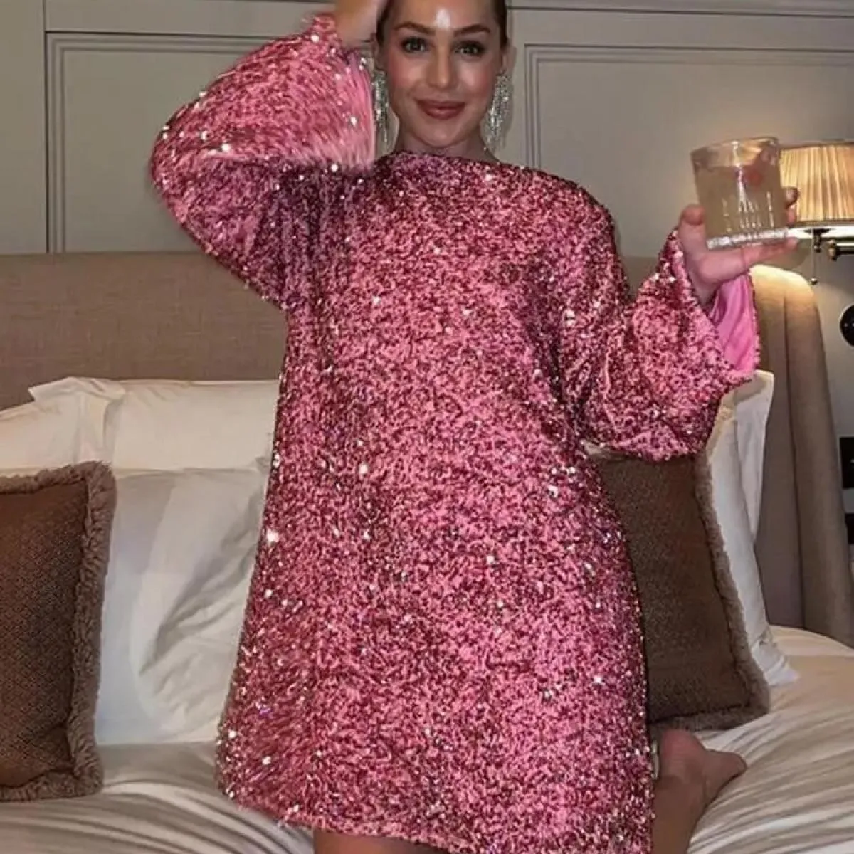Abito corto con paillettes rosso moda rosa per le donne Abiti da festa di Natale di Capodanno Donna elegante chic a maniche lung