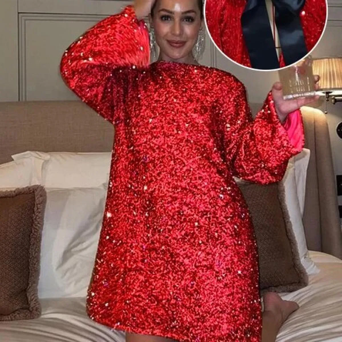Abito corto con paillettes rosso moda rosa per le donne Abiti da festa di Natale di Capodanno Donna elegante chic a maniche lung