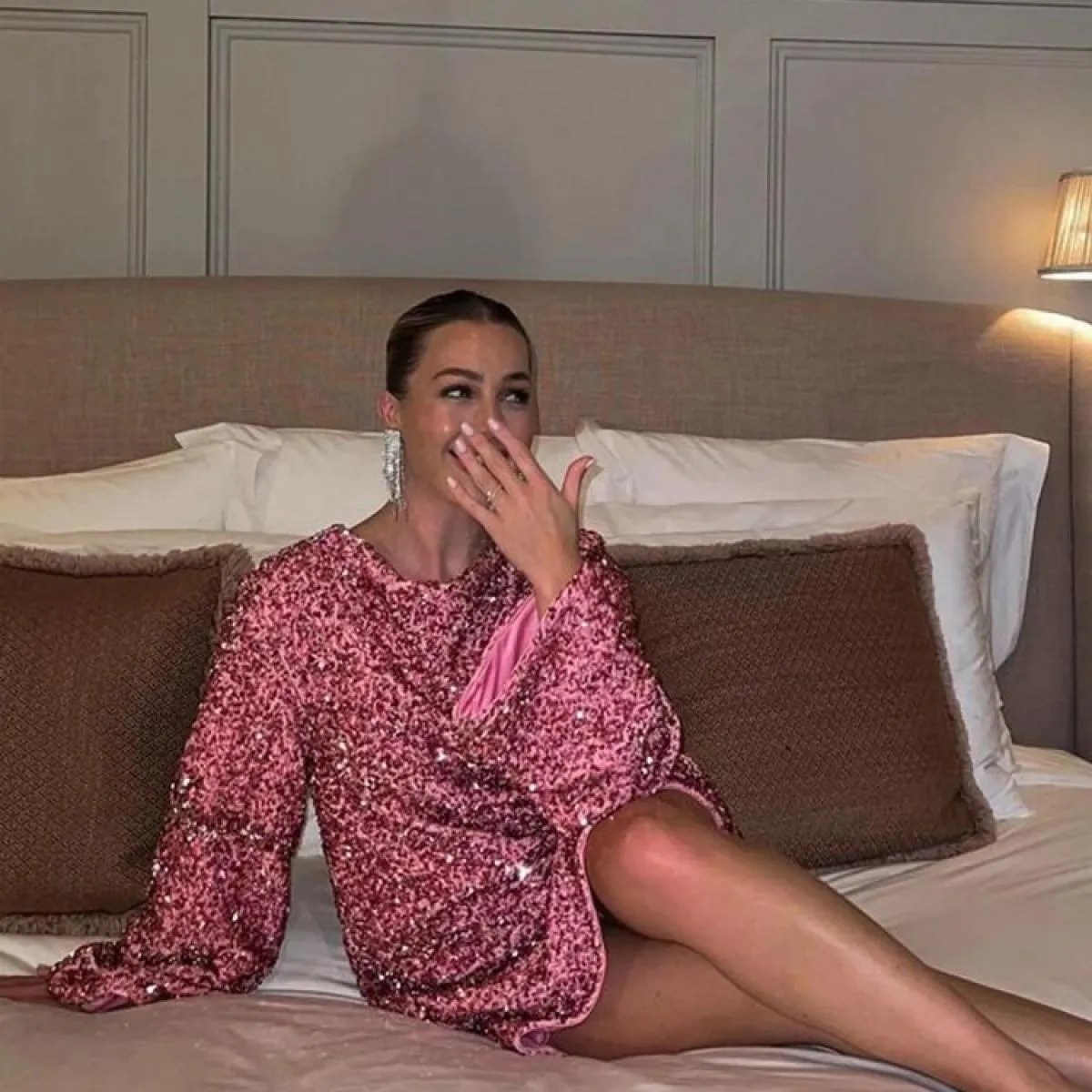 Abito corto con paillettes rosso moda rosa per le donne Abiti da festa di Natale di Capodanno Donna elegante chic a maniche lung