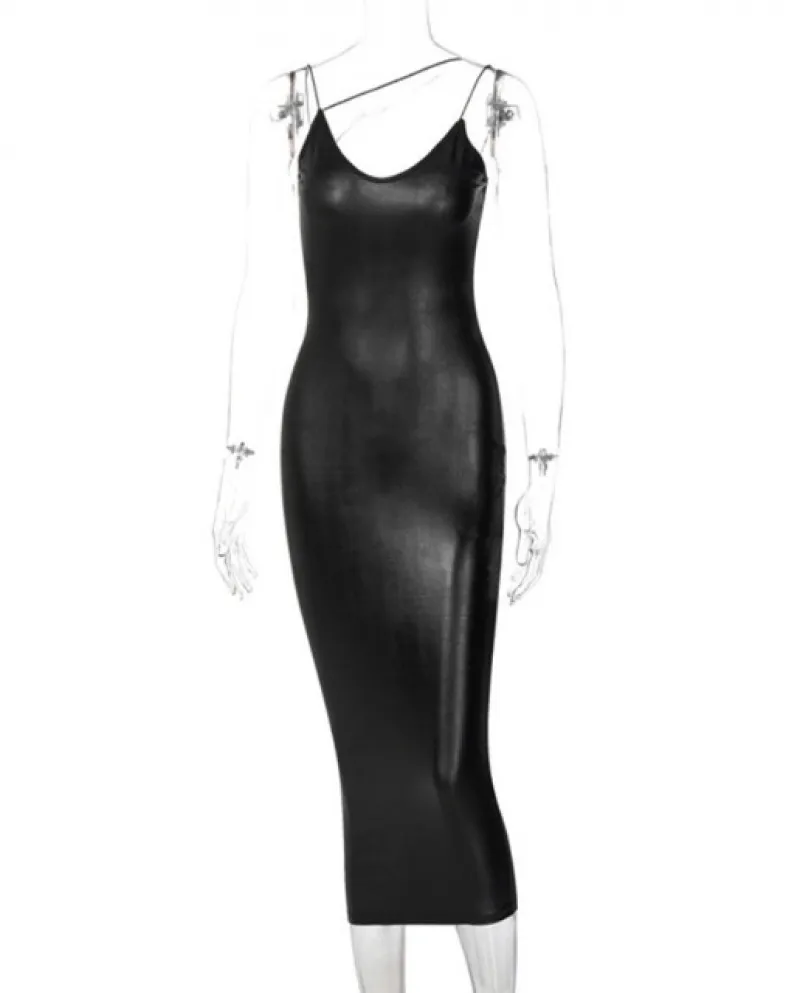 Abito longuette con spacco da donna in ecopelle con scollo a V, scollo a V, aderente, streetwear, party, elegante, autunno inver