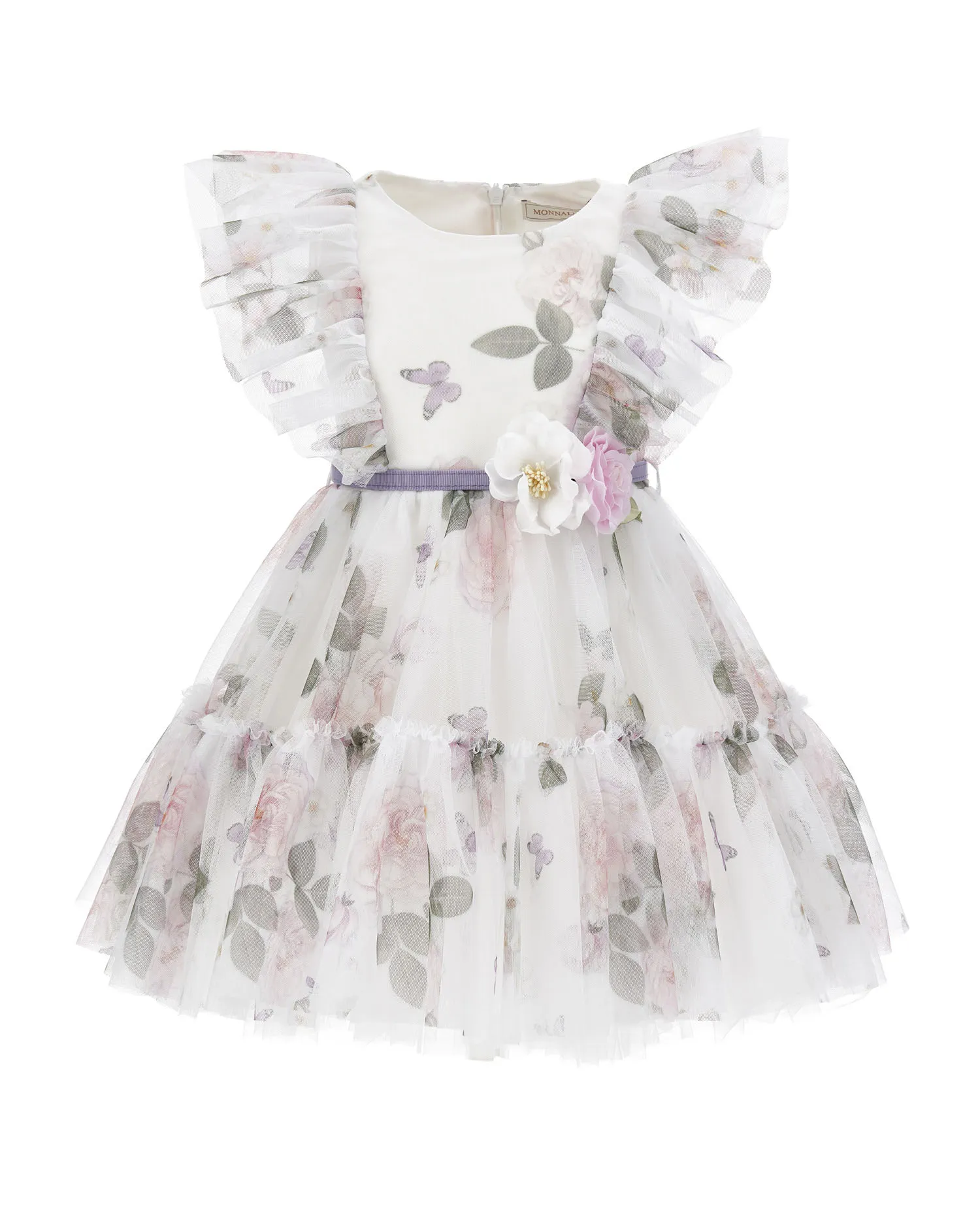 Abito mini in tulle a fantasia floreale con maniche corte ad aletta in tulle e gonna a ruota 8-12 anni
