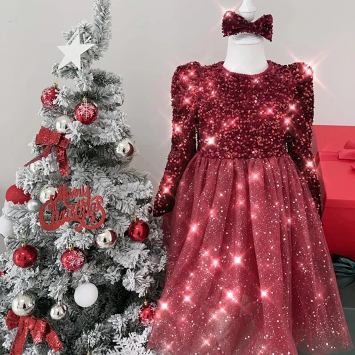Abito rosso caldo di Natale per ragazze Abiti per feste di compleanno per bambini Autunno inverno Bambini Ragazze con paillettes