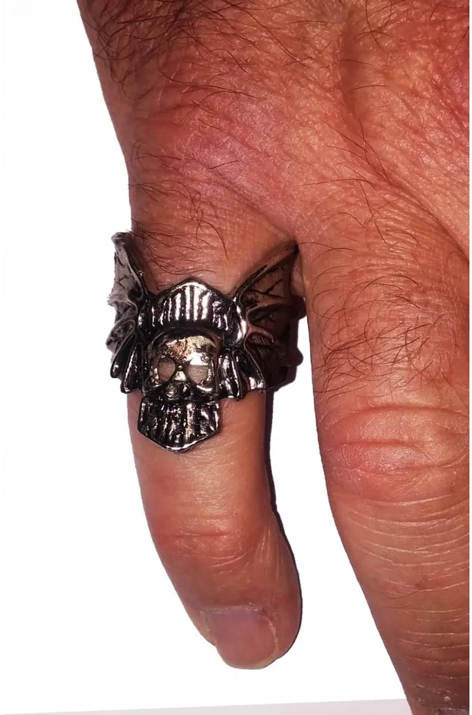 Anello biker con teschio ed ali in metallo misura regolabile