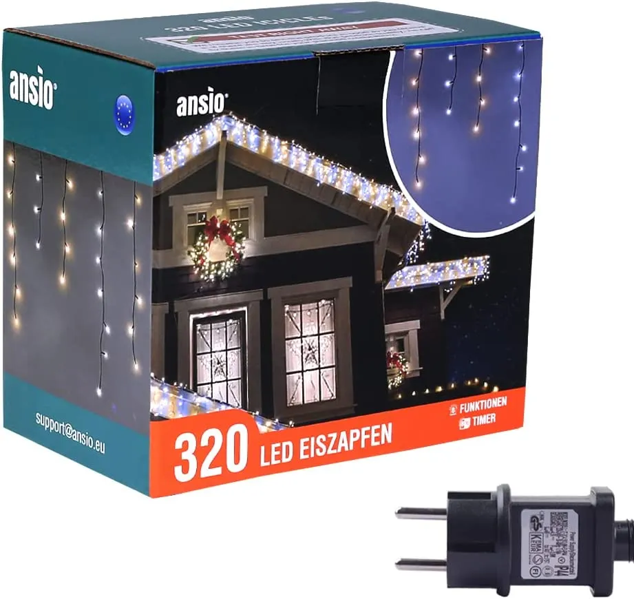 ANSIO Luci Natale Esterno Cascata 7.5m 220 LED Luci di Natale Luminose Bianco Caldo e Fredda Luci Natalizie da Esterno/Interno I
