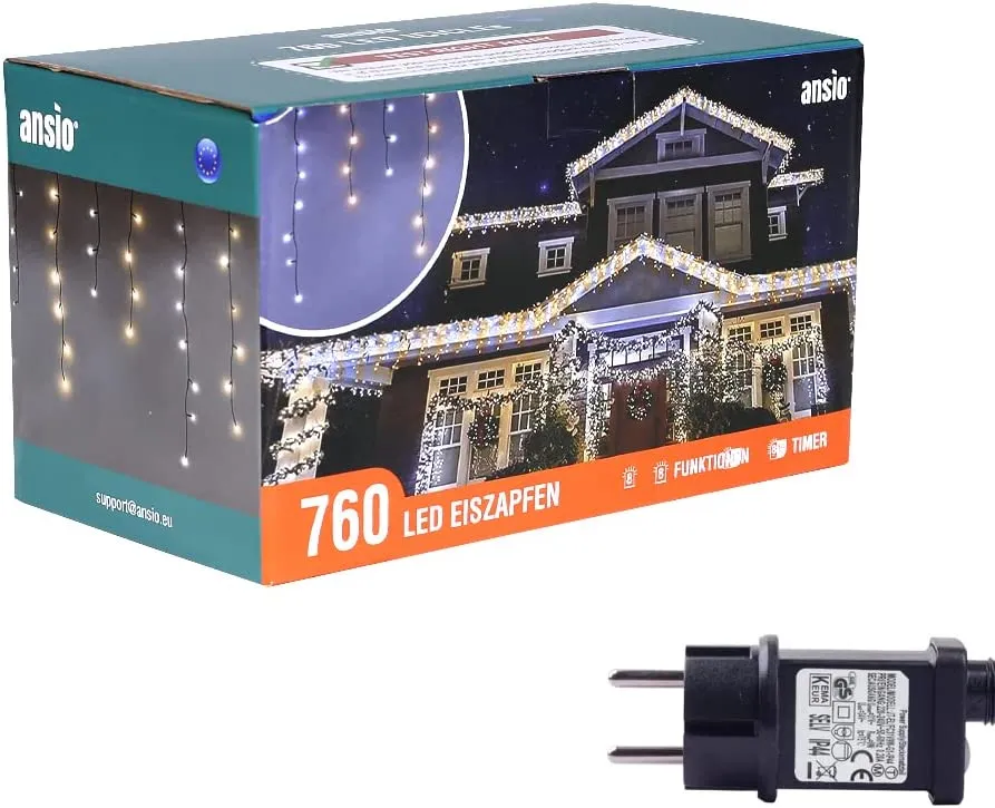 ANSIO Luci Natale Esterno Cascata 7.5m 220 LED Luci di Natale Luminose Bianco Caldo e Fredda Luci Natalizie da Esterno/Interno I