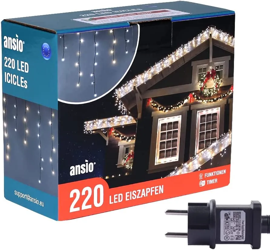 ANSIO Luci Natale Esterno Cascata 7.5m 220 LED Luci di Natale Luminose Bianco Caldo e Fredda Luci Natalizie da Esterno/Interno I