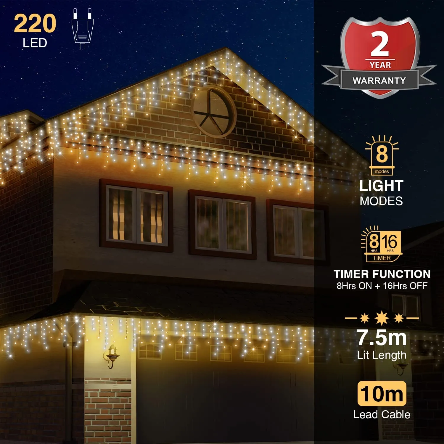 ANSIO Luci Natale Esterno Cascata 7.5m 220 LED Luci di Natale Luminose Bianco Caldo e Fredda Luci Natalizie da Esterno/Interno I