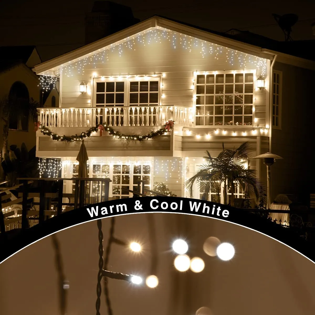 ANSIO Luci Natale Esterno Cascata 7.5m 220 LED Luci di Natale Luminose Bianco Caldo e Fredda Luci Natalizie da Esterno/Interno I