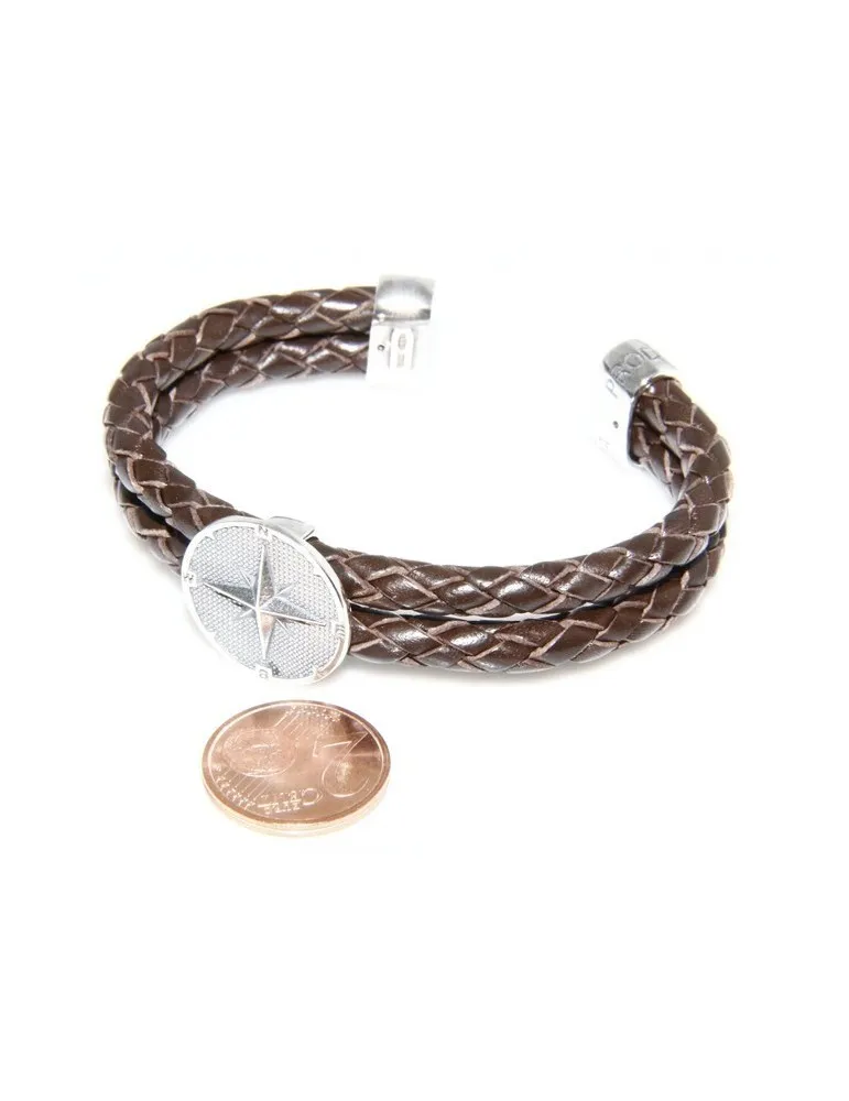ARGENTO 925 : Bracciale uomo pelle due giri aperto bottone rosa dei venti ITaly MARRONE