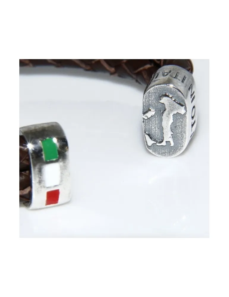 ARGENTO 925 : Bracciale uomo pelle due giri aperto bottone rosa dei venti ITaly MARRONE