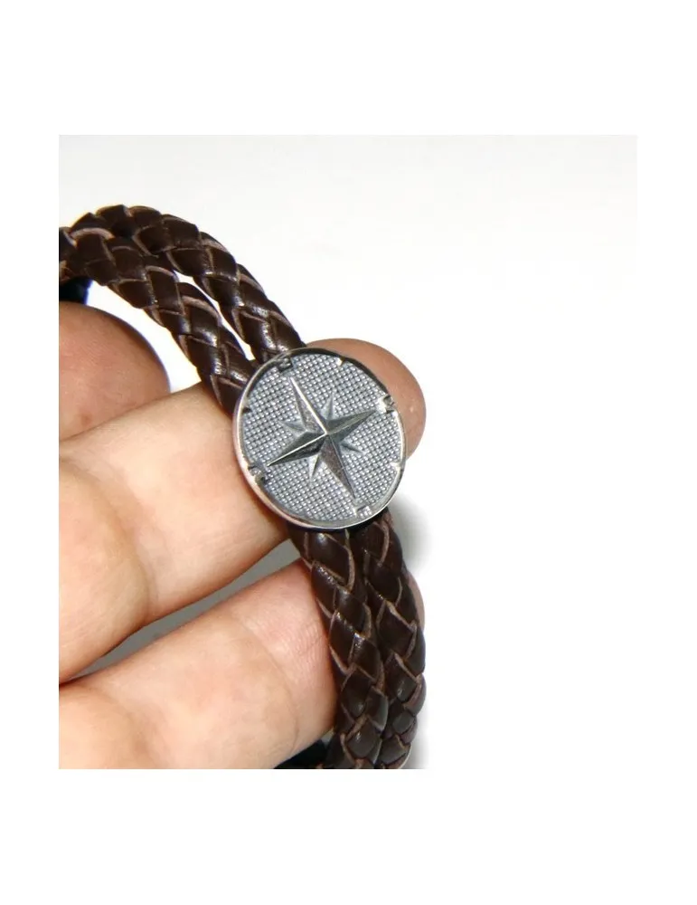 ARGENTO 925 : Bracciale uomo pelle due giri aperto bottone rosa dei venti ITaly MARRONE