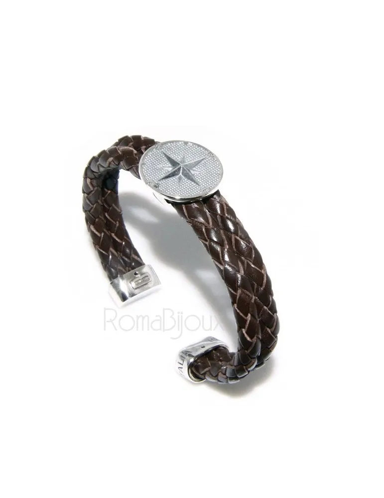 ARGENTO 925 : Bracciale uomo pelle due giri aperto bottone rosa dei venti ITaly MARRONE