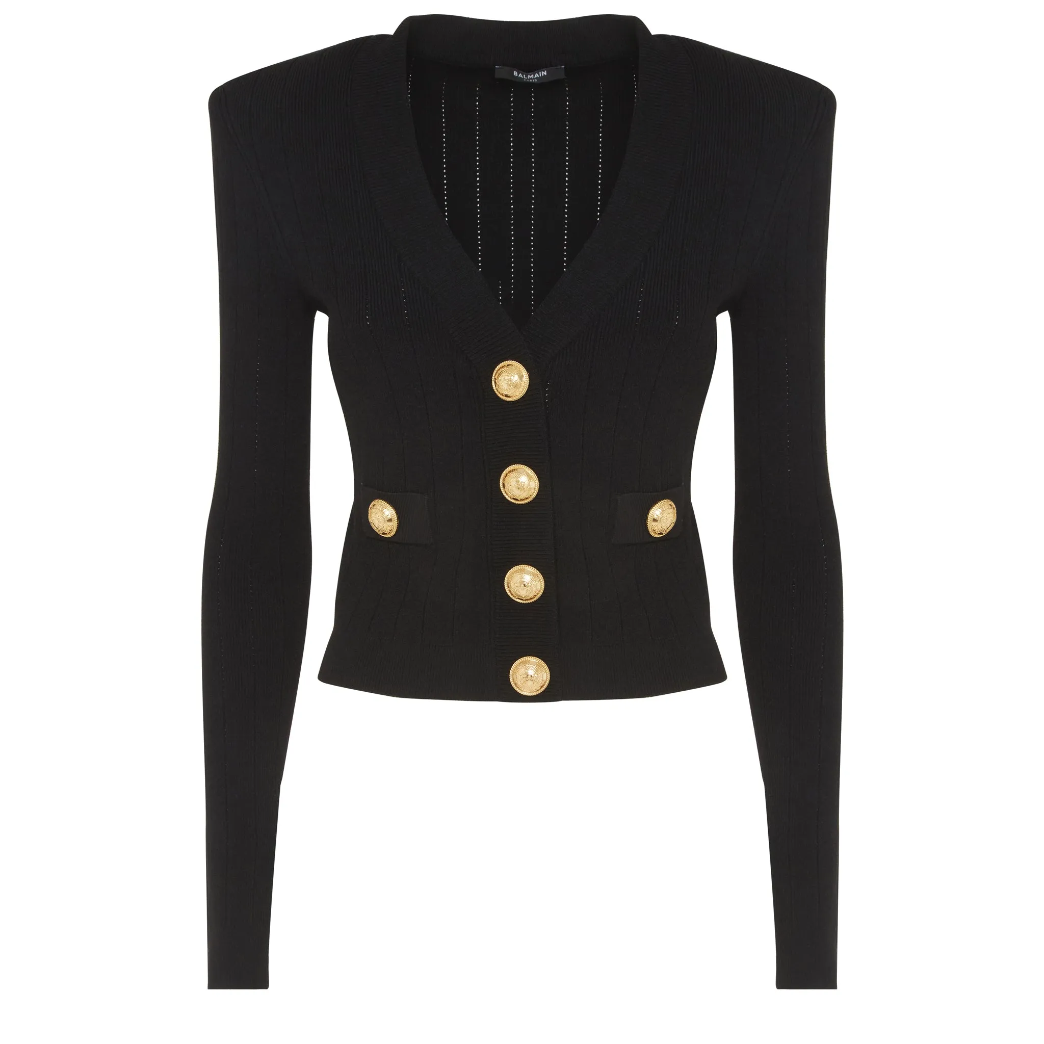 BALMAIN  Cardigan crop in tessuto nero