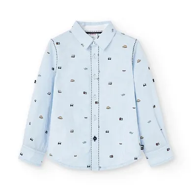 Boboli camicia a manica lunga da bambino e ragazzo in popelin con dettaglio stampa 736354-9052 celeste