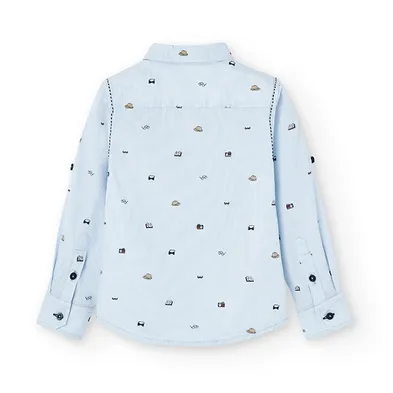 Boboli camicia a manica lunga da bambino e ragazzo in popelin con dettaglio stampa 736354-9052 celeste