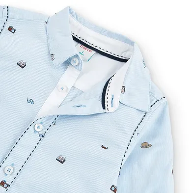 Boboli camicia a manica lunga da bambino e ragazzo in popelin con dettaglio stampa 736354-9052 celeste