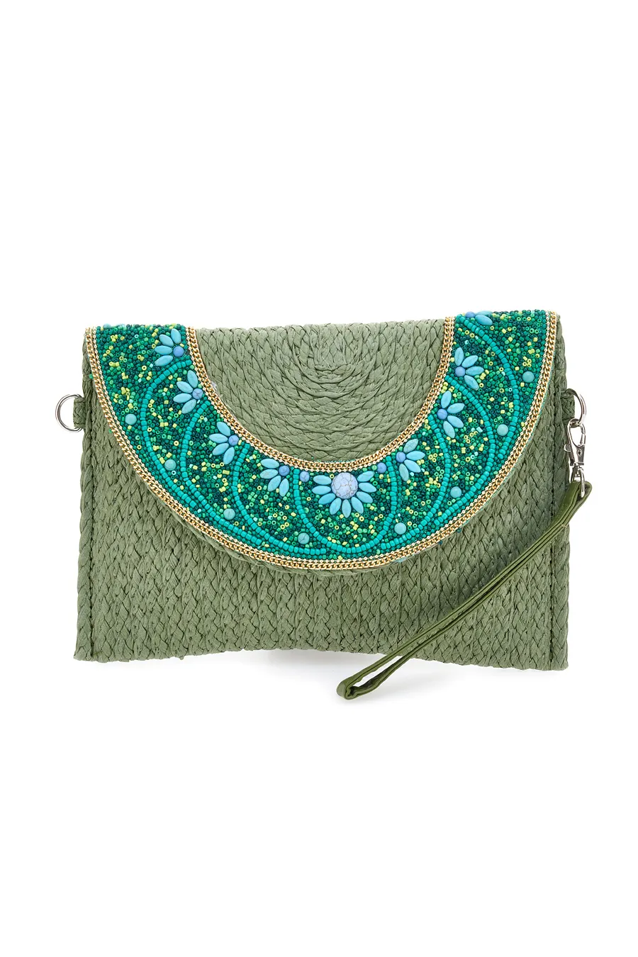 Borsa a Tracolla Verde in Rafia con Perline LWB 012