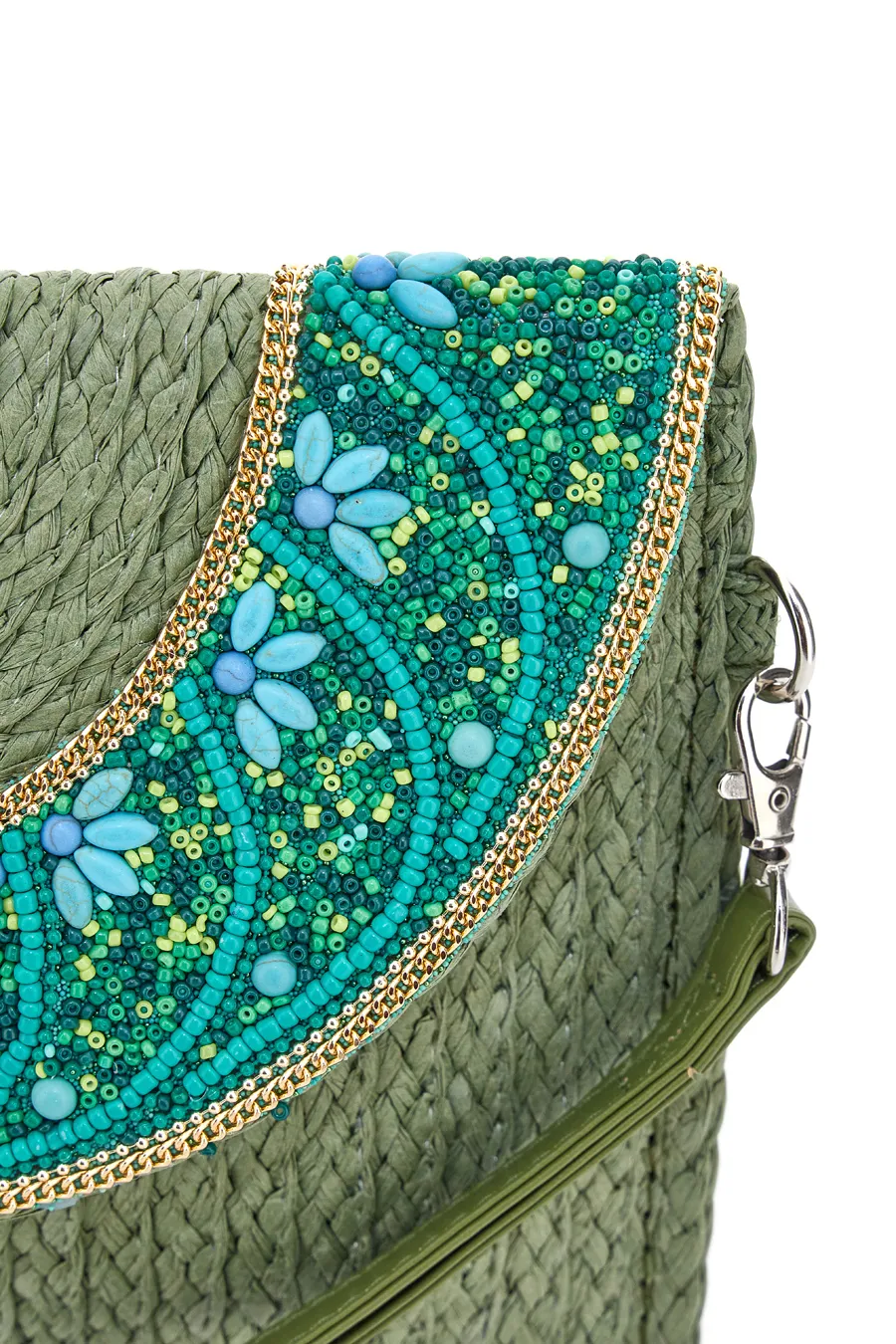 Borsa a Tracolla Verde in Rafia con Perline LWB 012