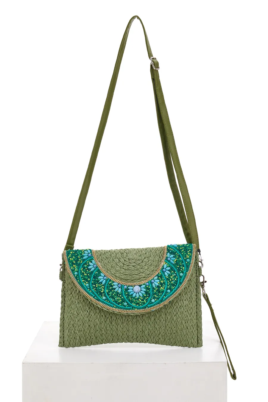 Borsa a Tracolla Verde in Rafia con Perline LWB 012