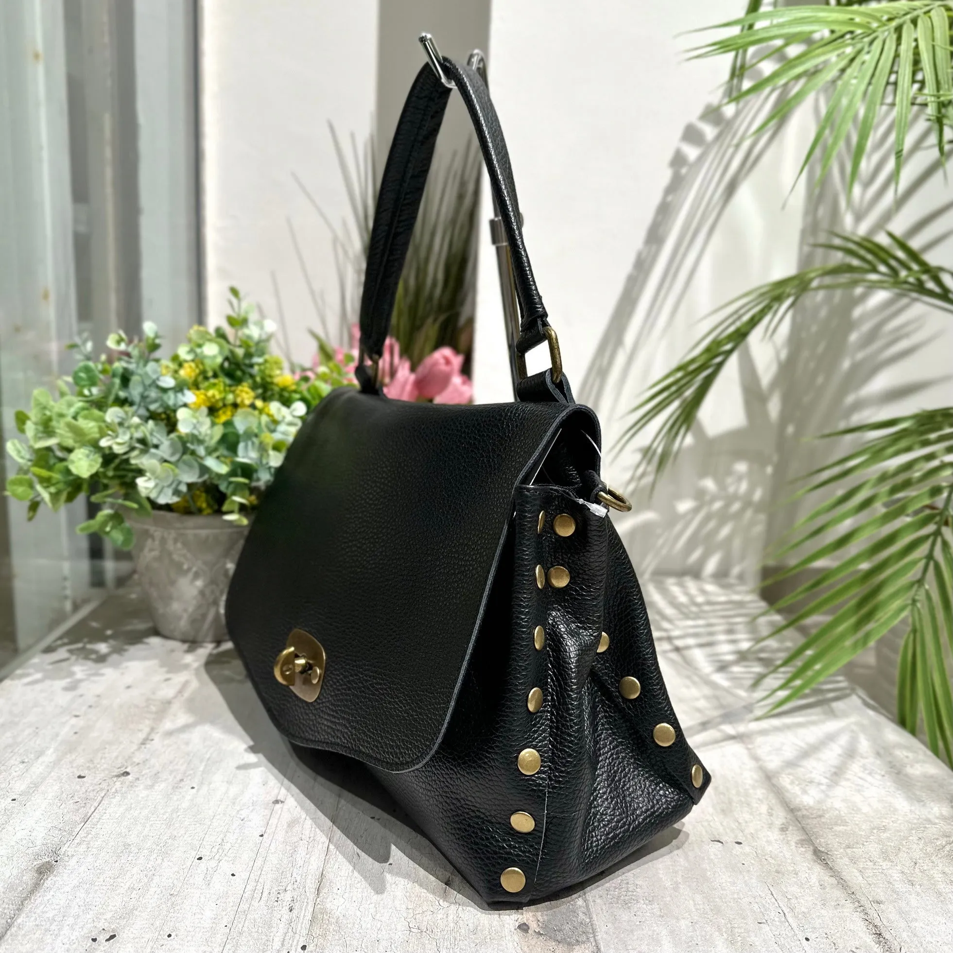 Borsa a Valigetta a Mano Tracolla interna con borchiette Bronzo Vera Pelle