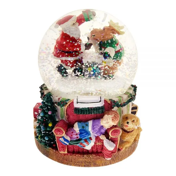 Boule de Neige Carillon con Babbo Natale e Renne su Comignolo – H 15 cm
