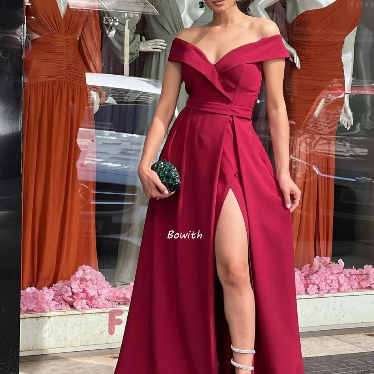 Bowith Abito da sera con spalle scoperte Abiti lunghi da festa Abito elegante da ballo Abito formale da festa di Natale Robe De