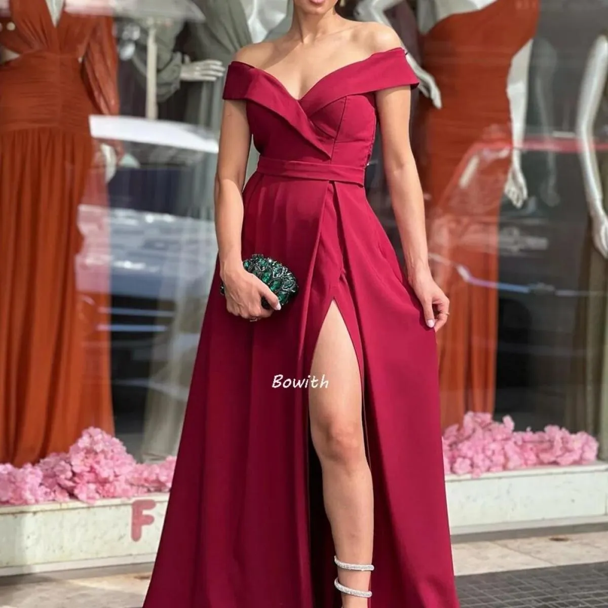 Bowith Abito da sera con spalle scoperte Abiti lunghi da festa Abito elegante da ballo Abito formale da festa di Natale Robe De