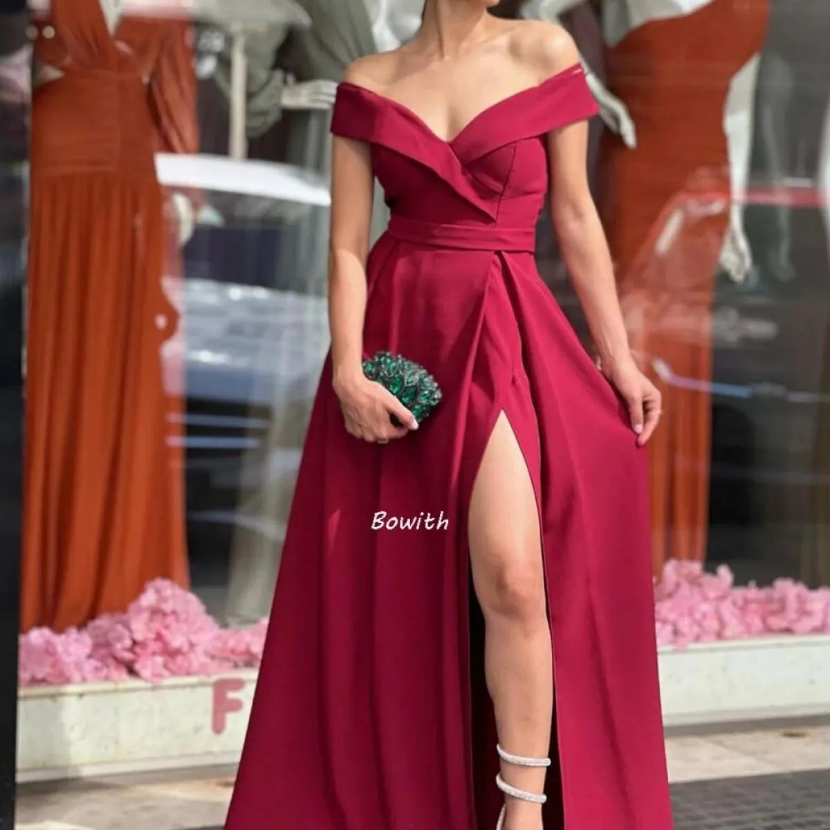 Bowith Abito da sera con spalle scoperte Abiti lunghi da festa Abito elegante da ballo Abito formale da festa di Natale Robe De