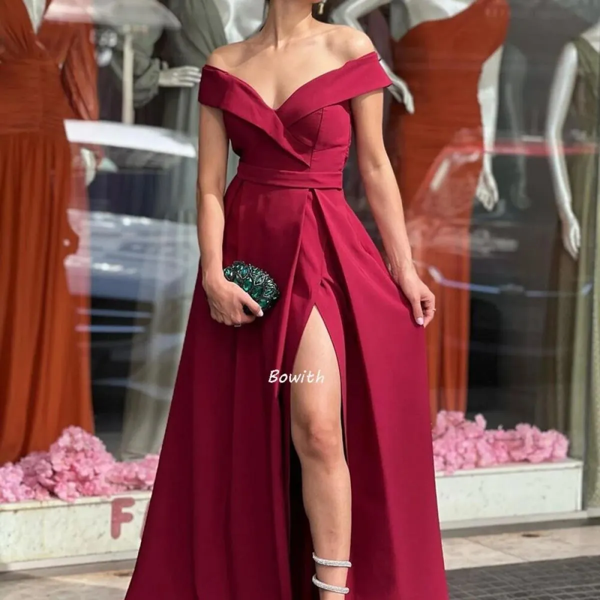 Bowith Abito da sera con spalle scoperte Abiti lunghi da festa Abito elegante da ballo Abito formale da festa di Natale Robe De