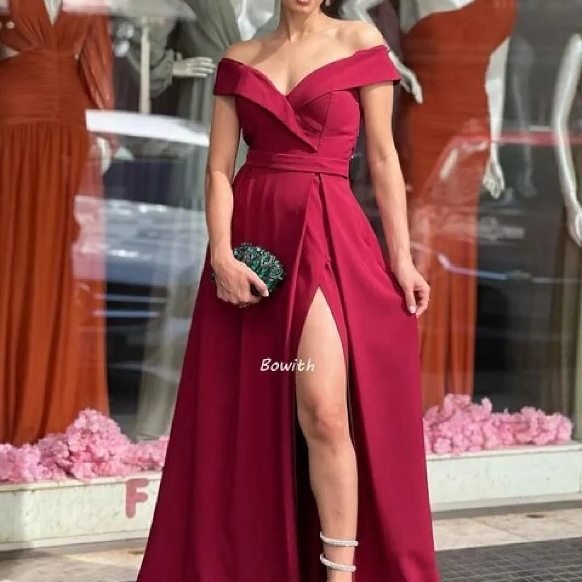 Bowith Abito da sera con spalle scoperte Abiti lunghi da festa Abito elegante da ballo Abito formale da festa di Natale Robe De