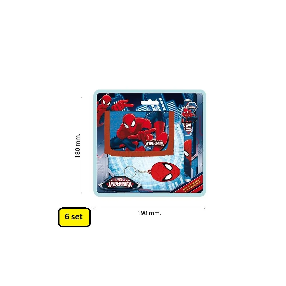 Box con 6 Set Spiderman Portafoglio Penna Portachiavi Regali Compleanno Bambino Feste