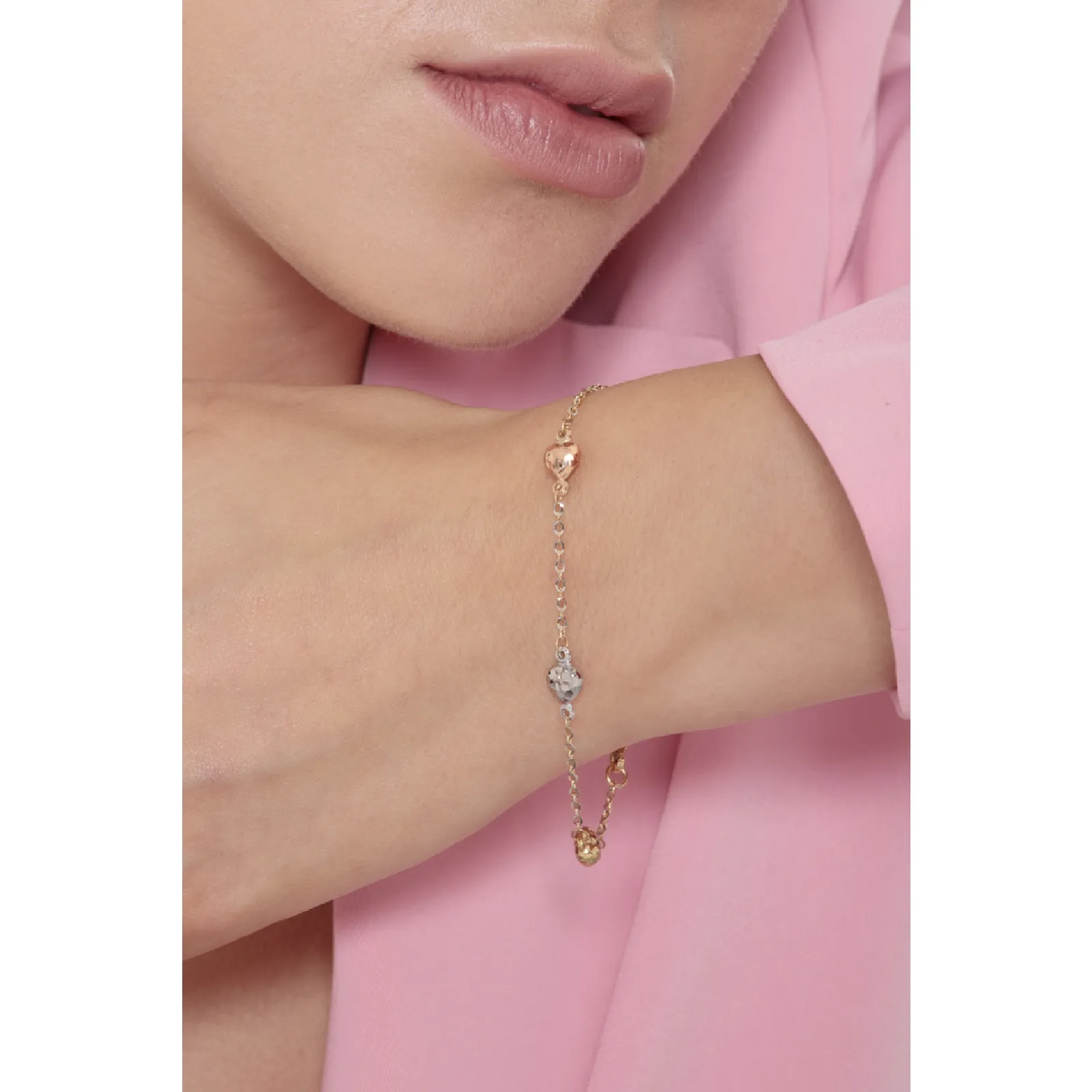 Bracciale in oro bianco, giallo e rosa 18k con Cuori