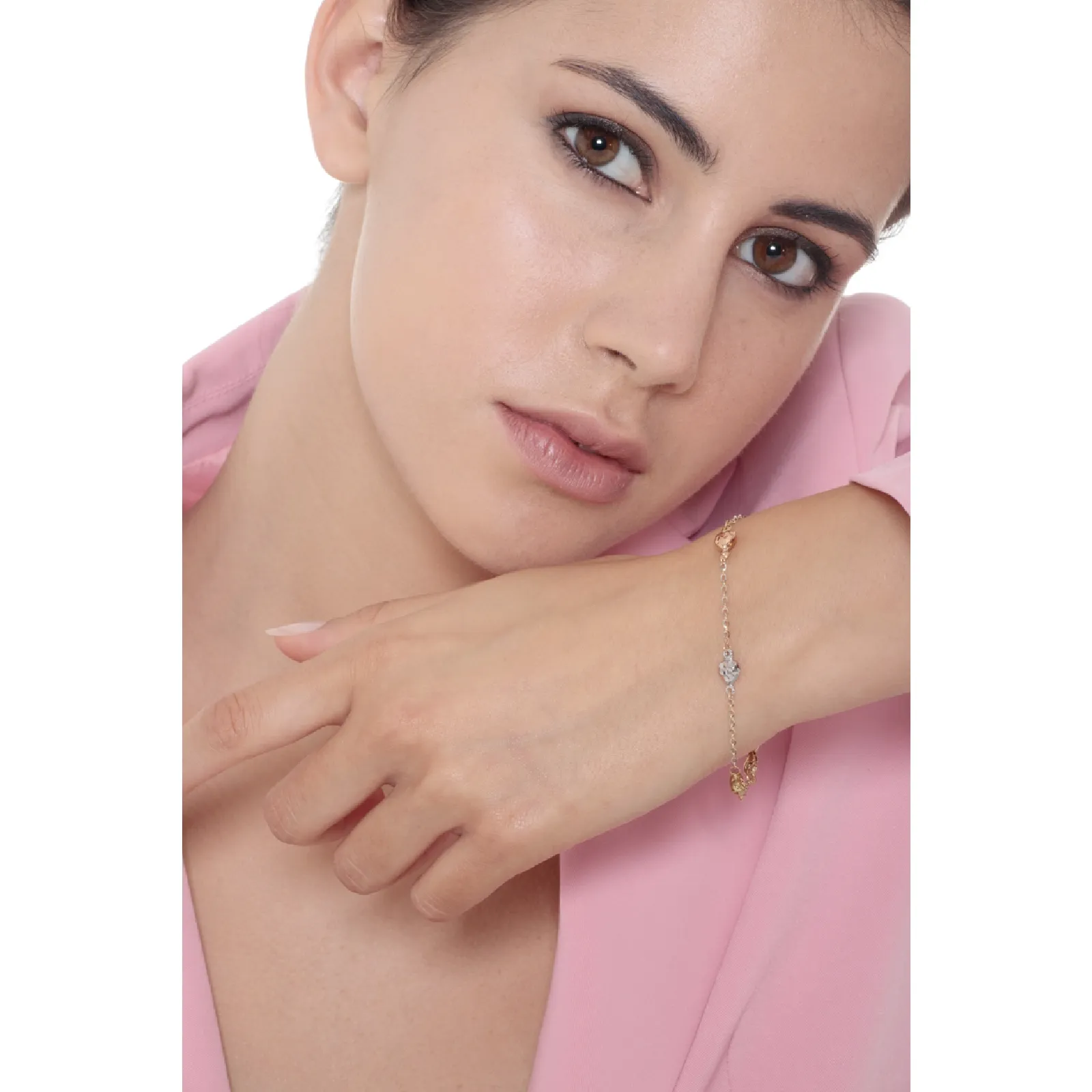 Bracciale in oro bianco, giallo e rosa 18k con Cuori