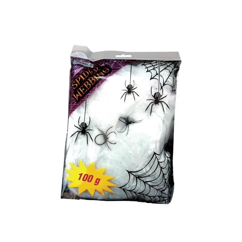 BUSTA FINTA RAGNATELA BIANCA 100GR 3,5 CON 6 RAGNI NERI IN PLASTICA SPIDER WEB ARTICOLI DECORATIVI DI HALLOWEEN