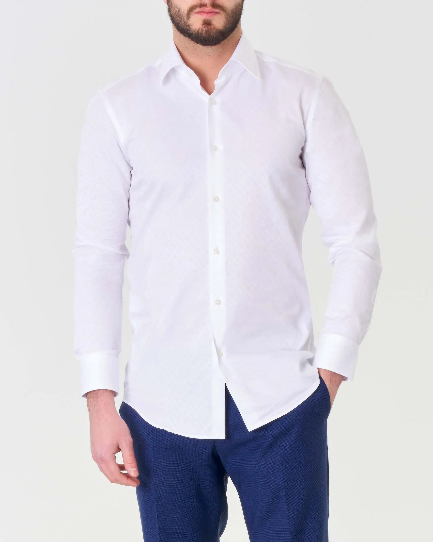 Camicia bianca Hank slim fit in puro cotone micro fantasia soffusa con colletto Kent