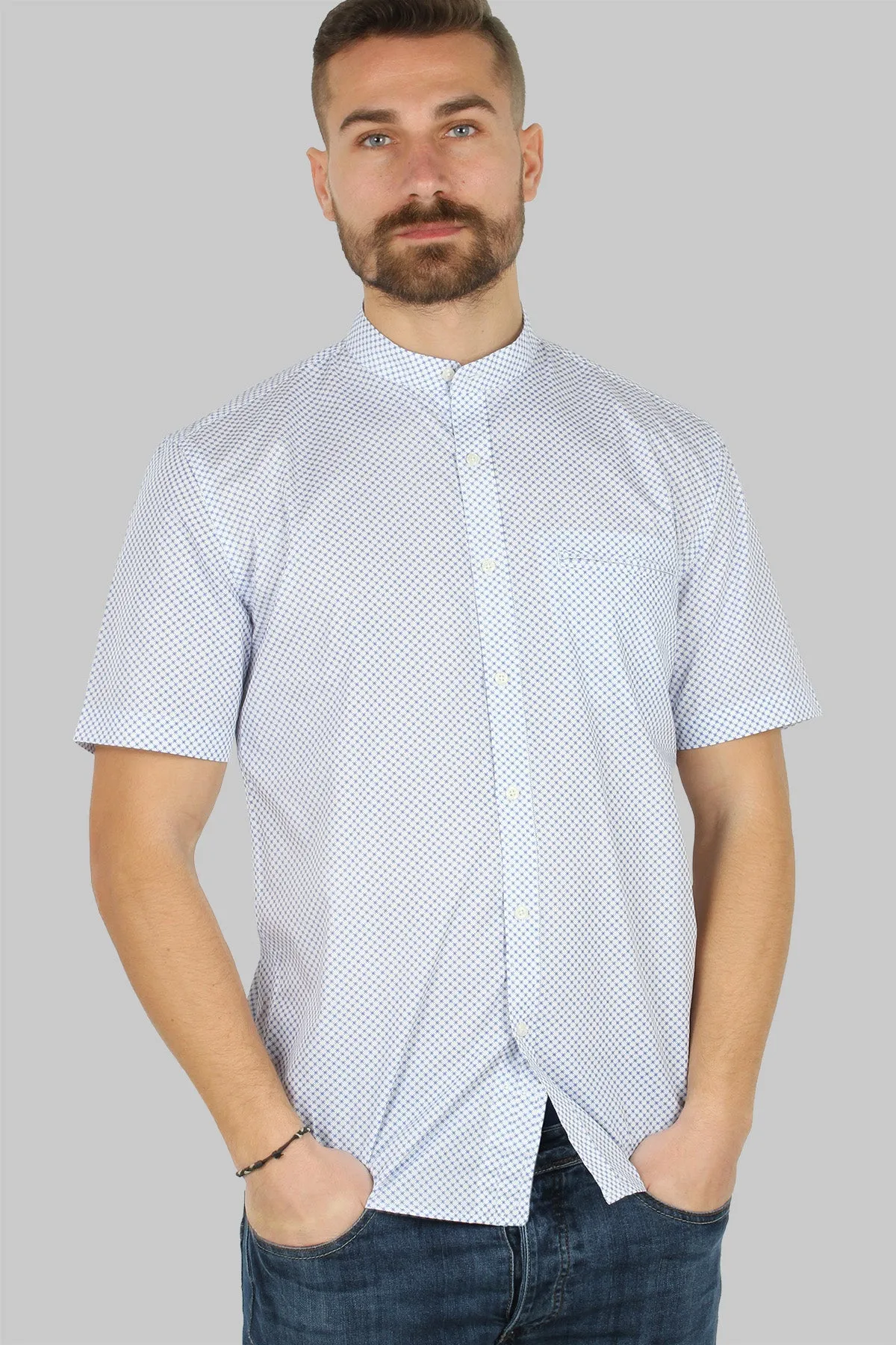Camicia coreana mezza manica con microfantasia a contrasto