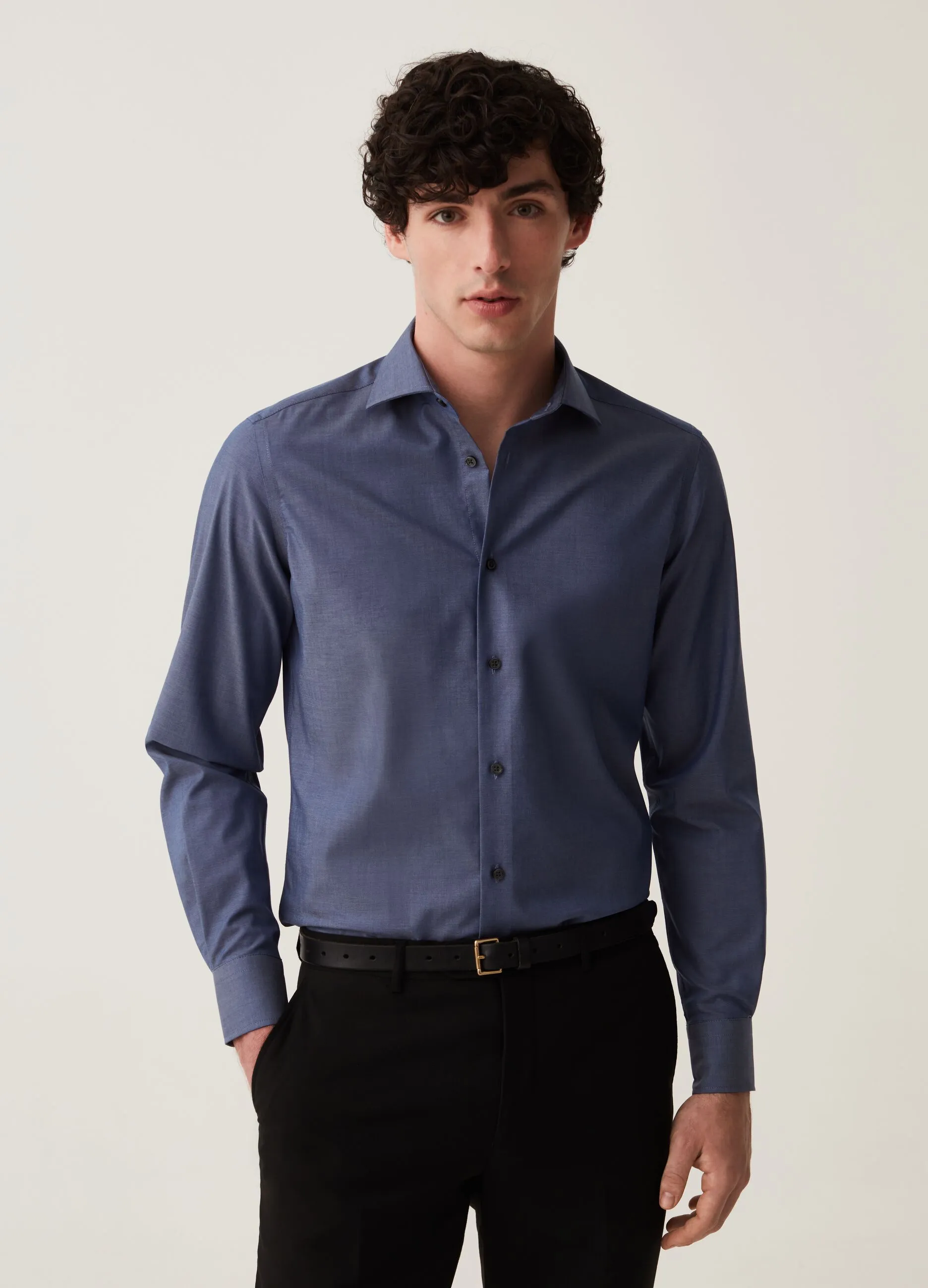 Camicia slim fit in cotone chambray no stiro