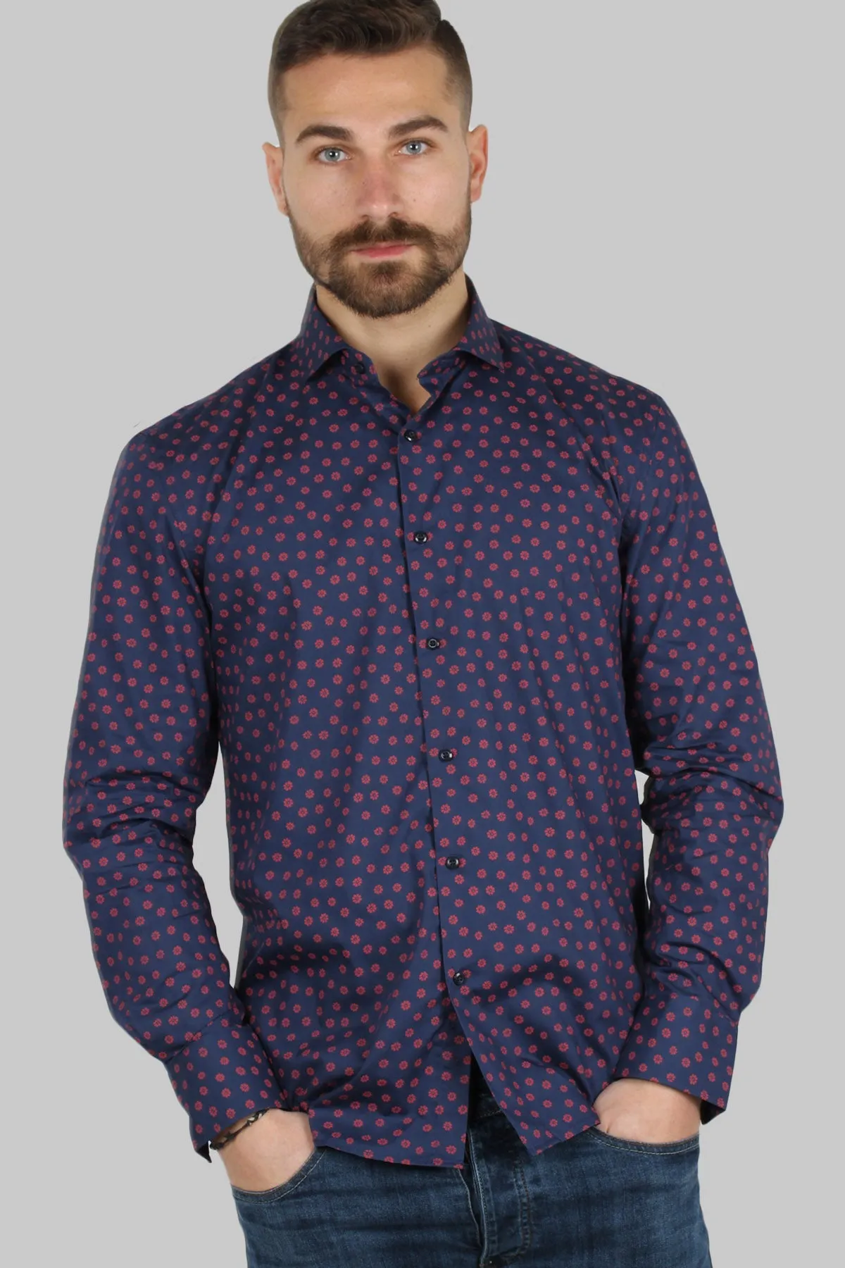 Camicia uomo blu con fiorellini a contrasto