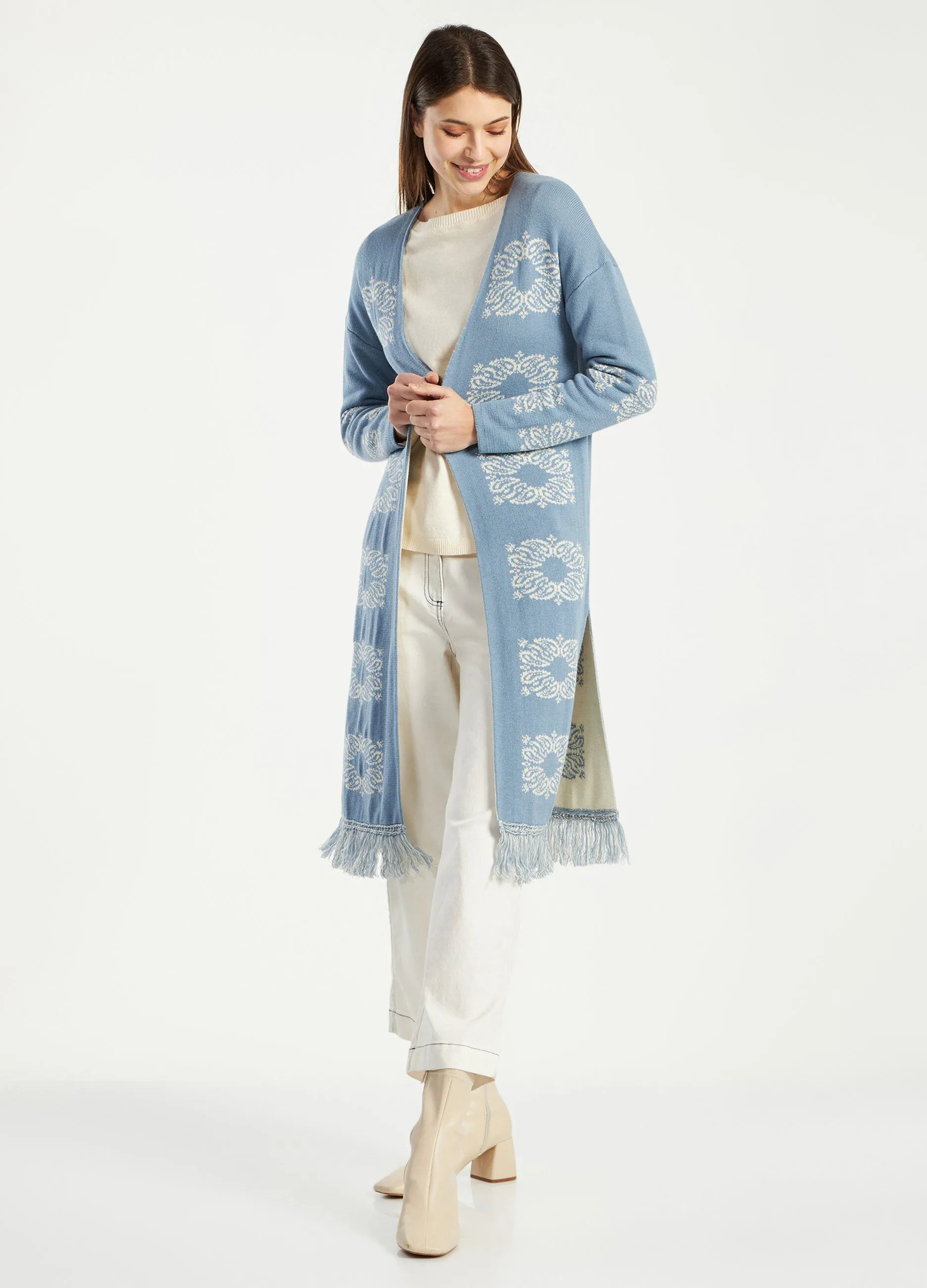 Cardigan aperto con lavorazione jacquard donna