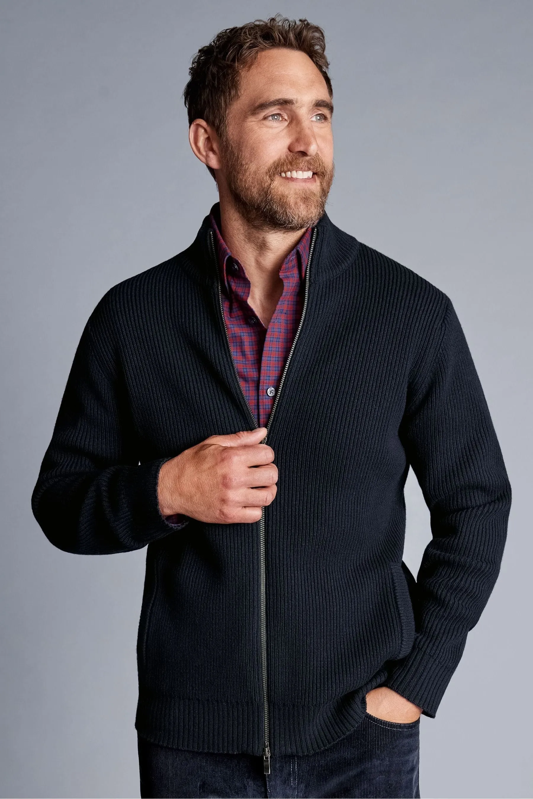 Cardigan Charles Tyrwhitt spesso a coste con zip Collo a imbuto    