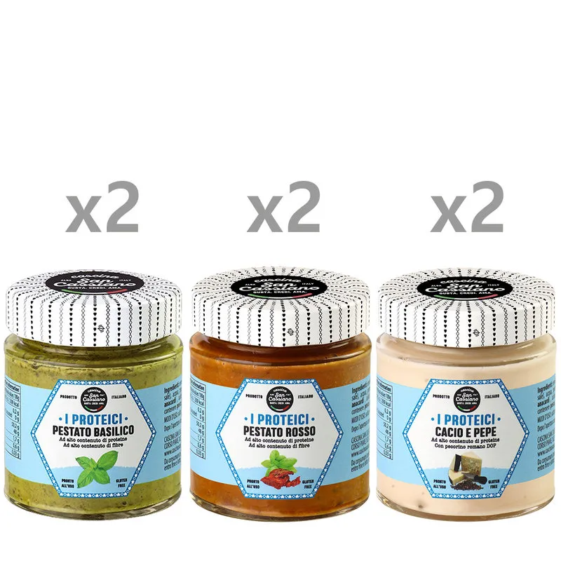 Cascina San Cassiano 6 vasetti misti SughiProteici 140 gr: 2 Pesto di basilico - 2 Pesto rosso - 2 Crema cacio e pepe