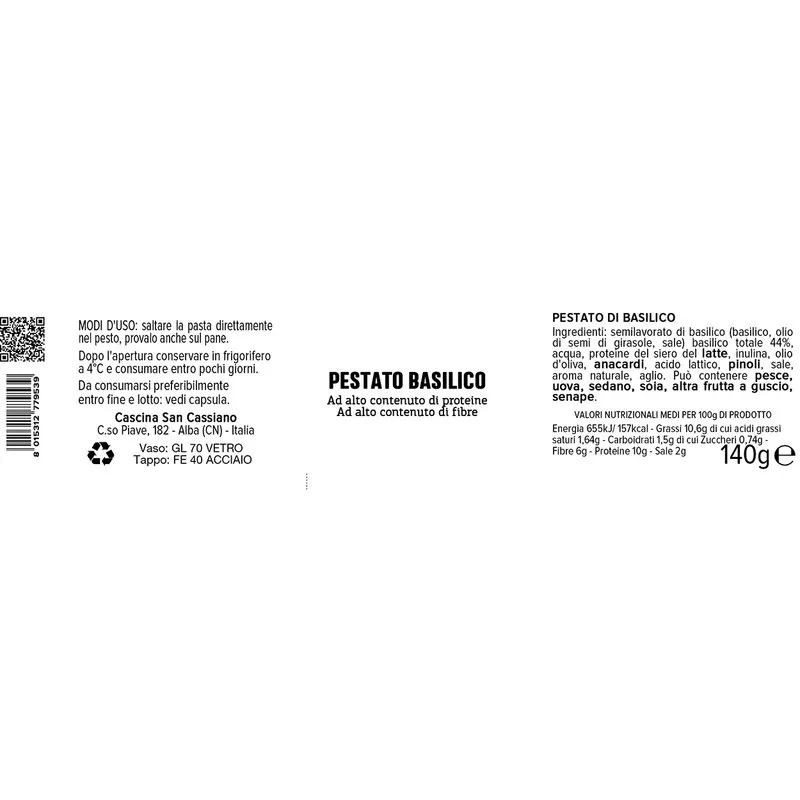 Cascina San Cassiano 6 vasetti misti SughiProteici 140 gr: 2 Pesto di basilico - 2 Pesto rosso - 2 Crema cacio e pepe