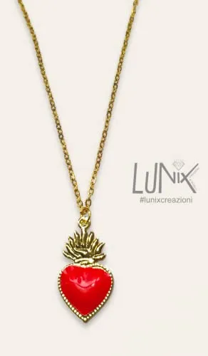 Collana Cuore Sacro, Idea Originale per Regalo Natale,Fatto a Mano, Gioielli Donna Ragazza (Rosso)